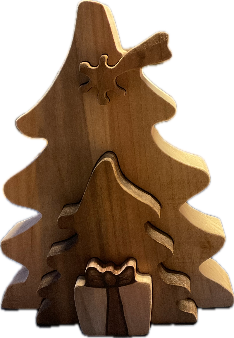 Sapin Noël bois naturel vernis puzzle décoratif artisanat